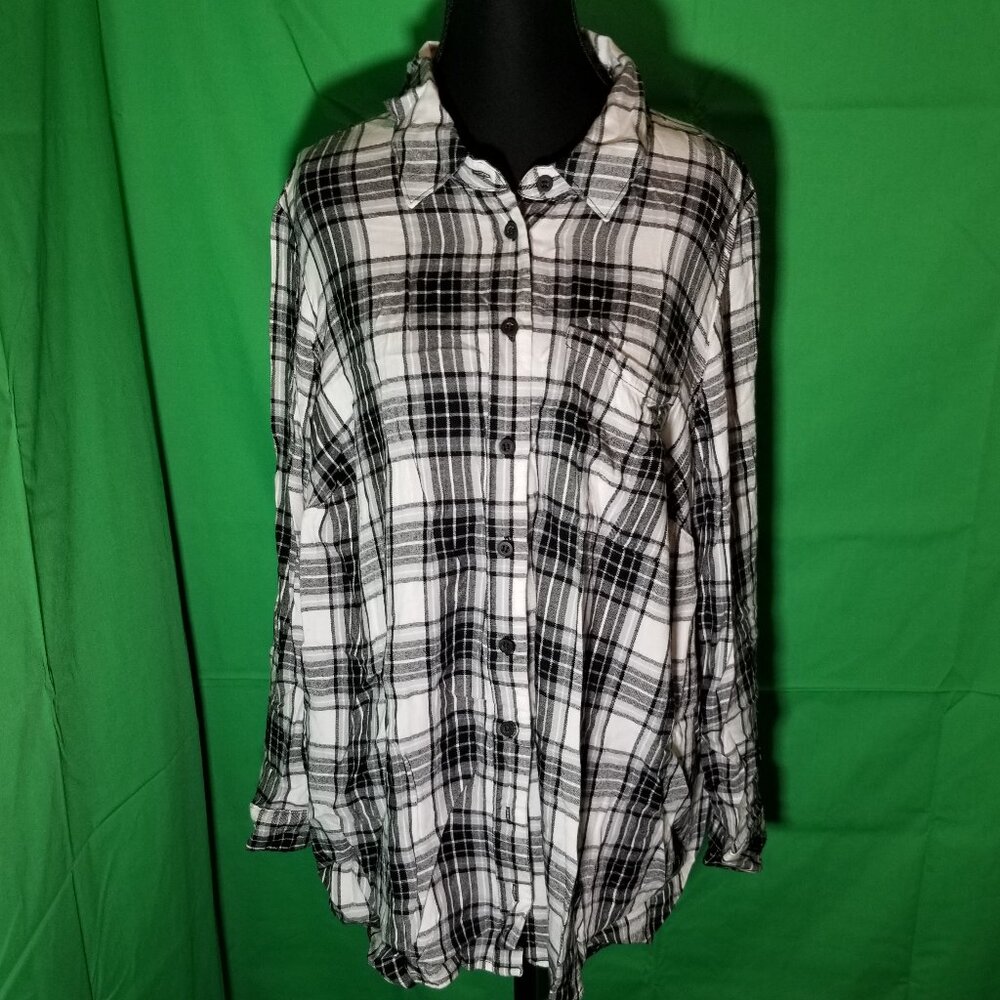 Lane Bryant Size 18/20 White Long Sleeve Flannel Button Up Plaid Boyfriend Retro